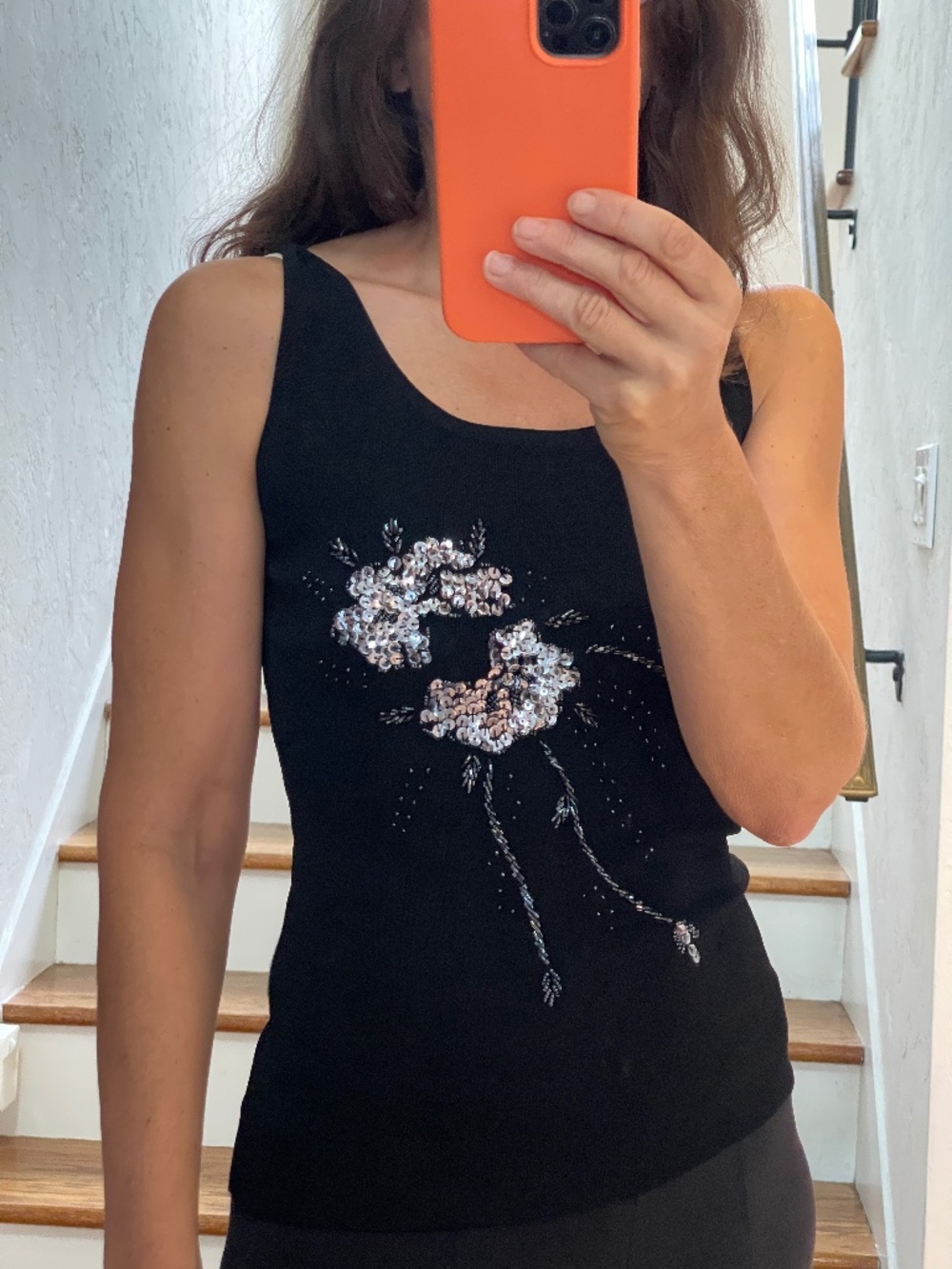 Black floral embroidered jersey party tank top women S